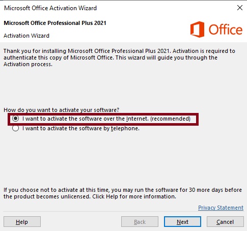 Microsoft Office Internet Activation Wizard