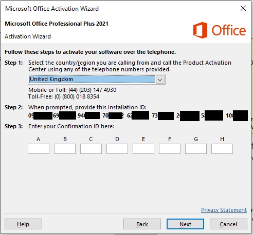 Microsoft Office Telephone Activation Wizard